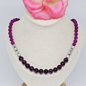 Two Tone Amethyst Beaded Choker Necklace Purple Stone Gray Glass Beads